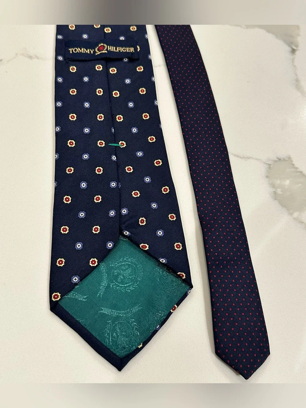 Vintage Tommy Hilfiger Silk Neck Tie Navy Blue Gold Red Medallion 80s 90s Preppy